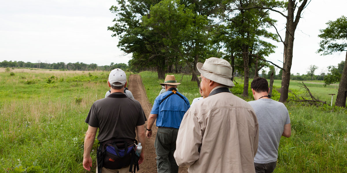 group of adults walk on trail towards the savannah.