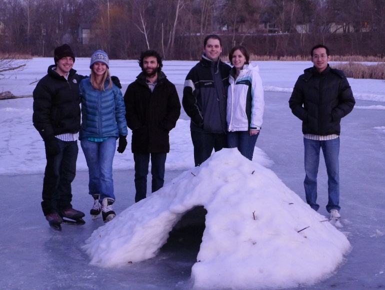 Members of the Seelig lab outside standing in the snow