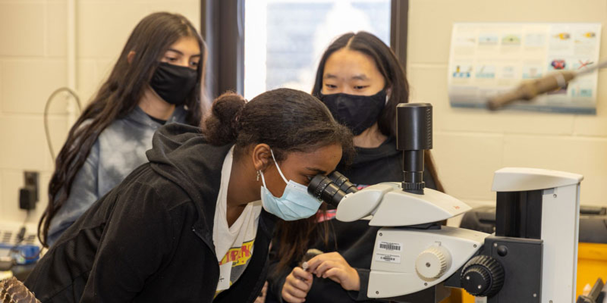 Students using microscope in lab