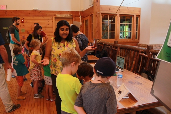 Mounica participating in the ABS outreach fair, talking to attendees about insect songs and communication: